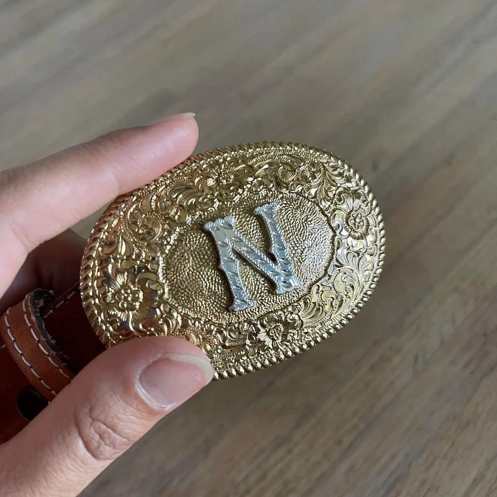 Vintage Crumrine Braided Belt Initial N Gold Tone Bronze Western Womens Size 28‎